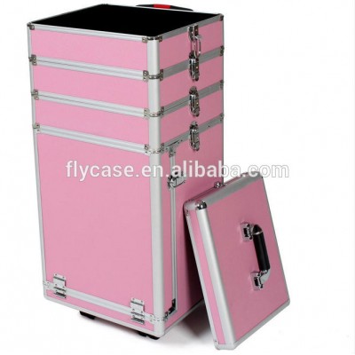 design new abs aluminum makeup trolley case with drawers and foam inside